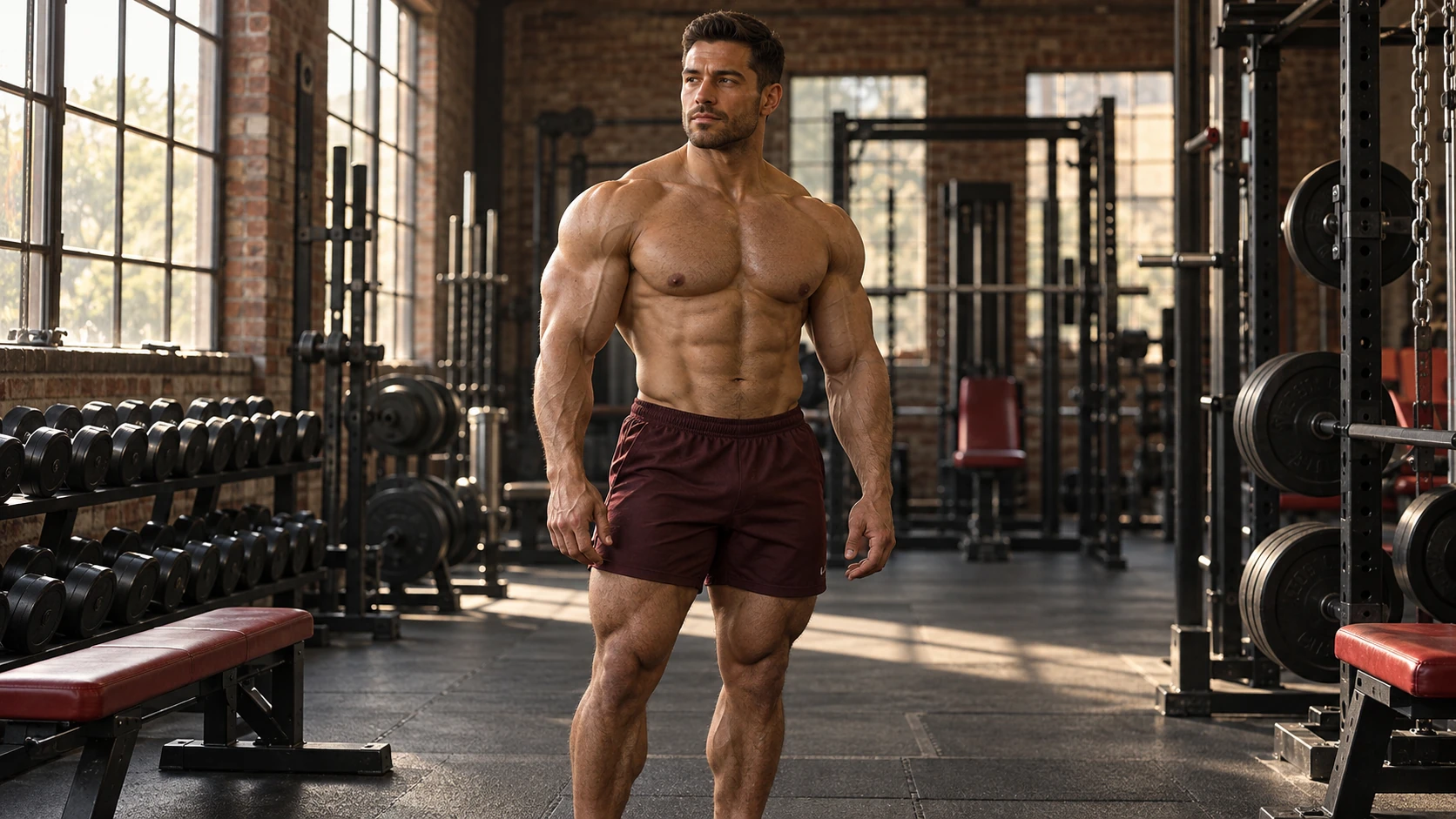 Fictional adult bodybuilder in burgundy training shorts in a sunlit industrial gym